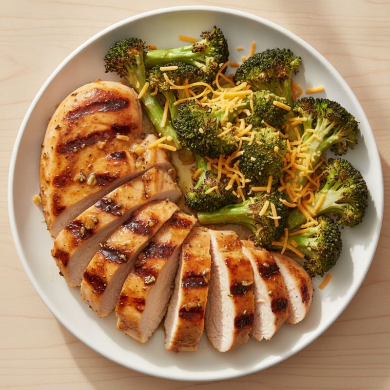 Grilled Chicken Breast with Roasted Broccoli and Shredded Cheddar