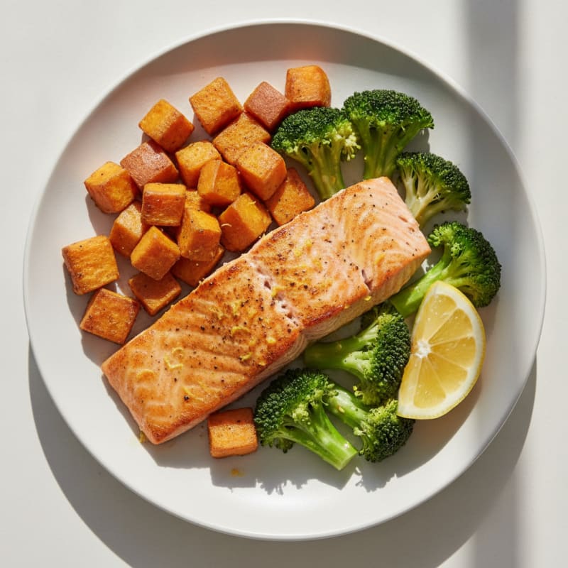 Seared Salmon with Roasted Sweet Potatoes and Steamed Broccoli