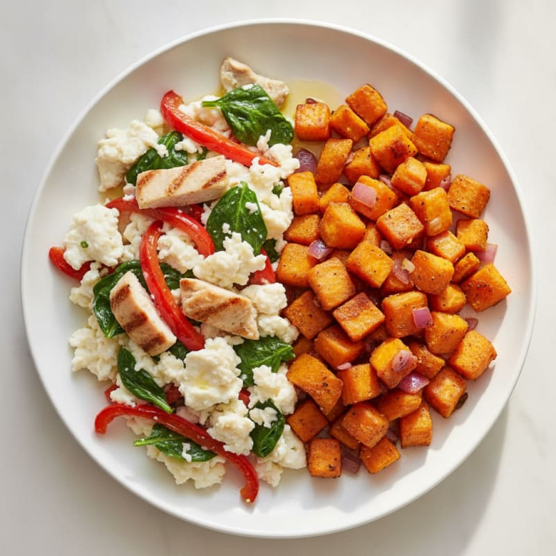 Egg White and Chicken Veggie Scramble with Sweet Potato Hash