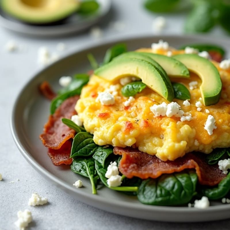 Savory Egg and Spinach Scramble with Sliced Avocado