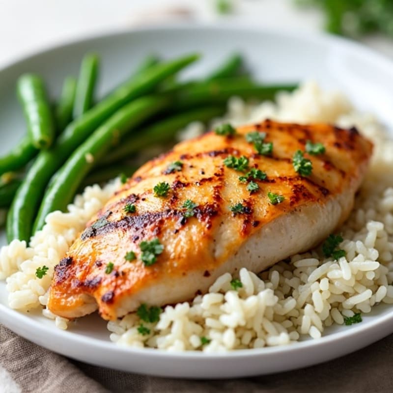 Seared Chicken Breast with Herb Rice and Steamed Green Beans