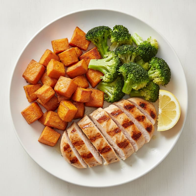 Grilled Chicken Breast with Roasted Sweet Potato and Steamed Broccoli