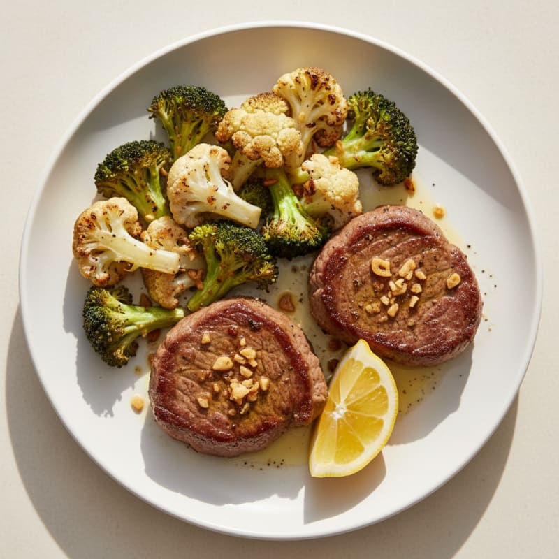 Seared Lean Beef with Roasted Broccoli and Cauliflower
