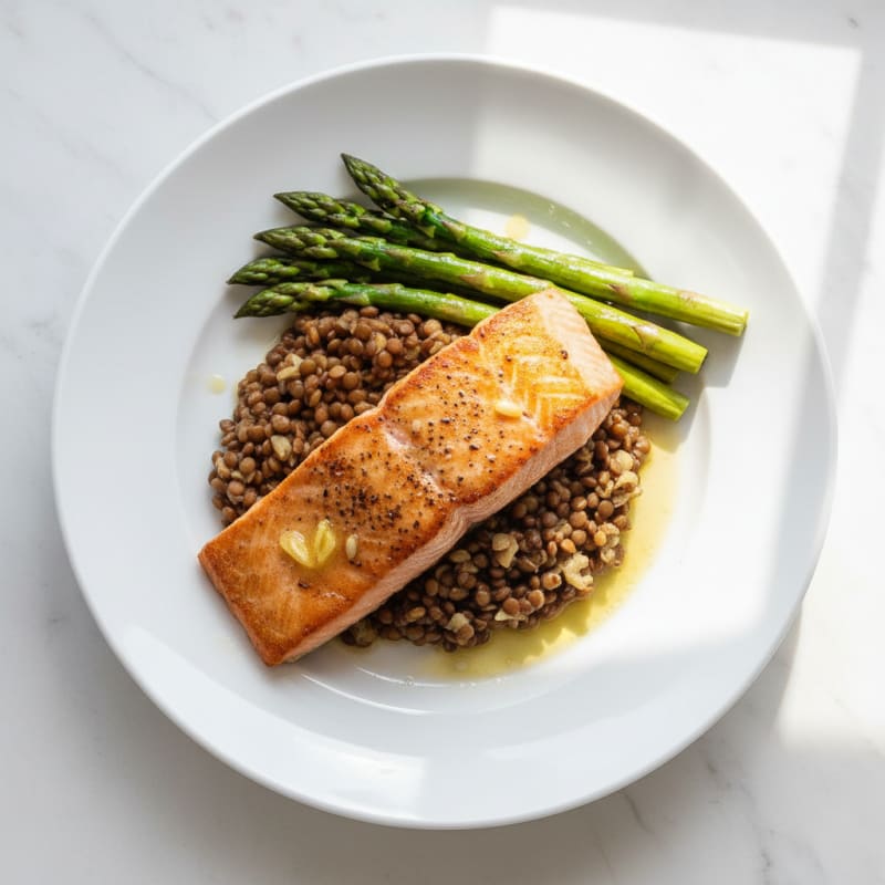 Seared Salmon Fillet with Steamed Asparagus and Lentil Mash