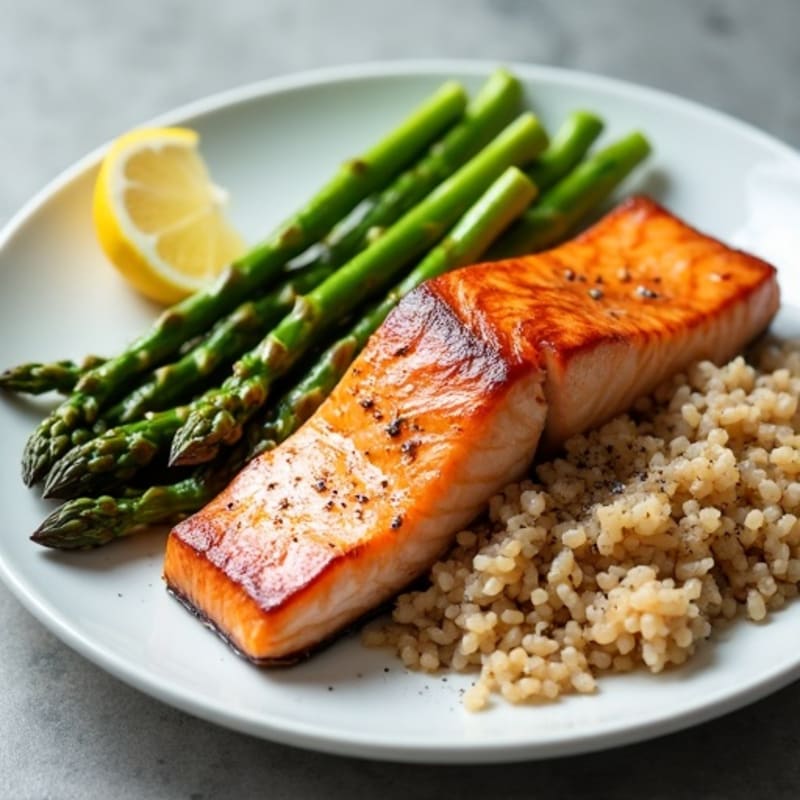 Seared Salmon with Steamed Asparagus and Brown Rice