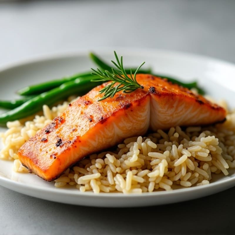 Seared Salmon with Garlic Green Beans and Brown Rice