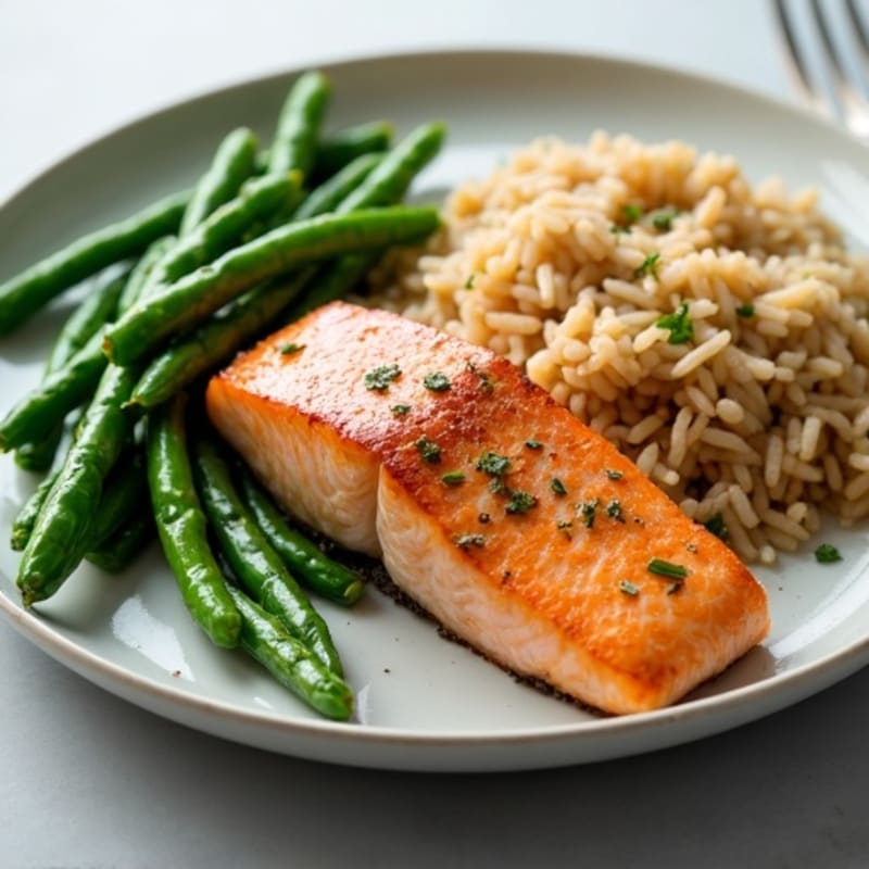 Seared Salmon with Garlic Green Beans and Brown Rice
