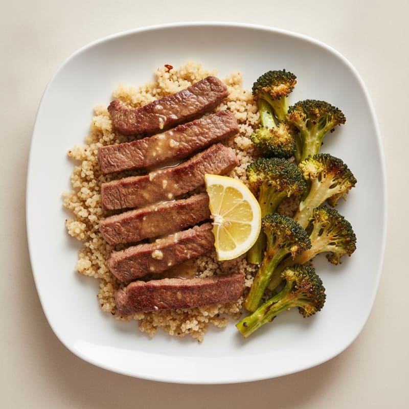Seared Lean Beef Strips with Roasted Broccoli and Garlic Quinoa
