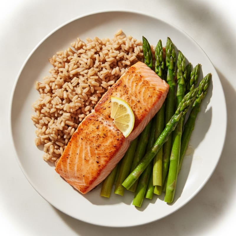 Seared Salmon with Steamed Asparagus and Brown Rice