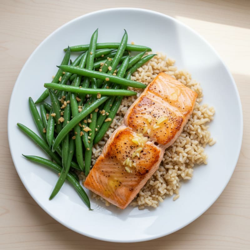 Seared Salmon Fillet with Garlic Green Beans and Brown Rice