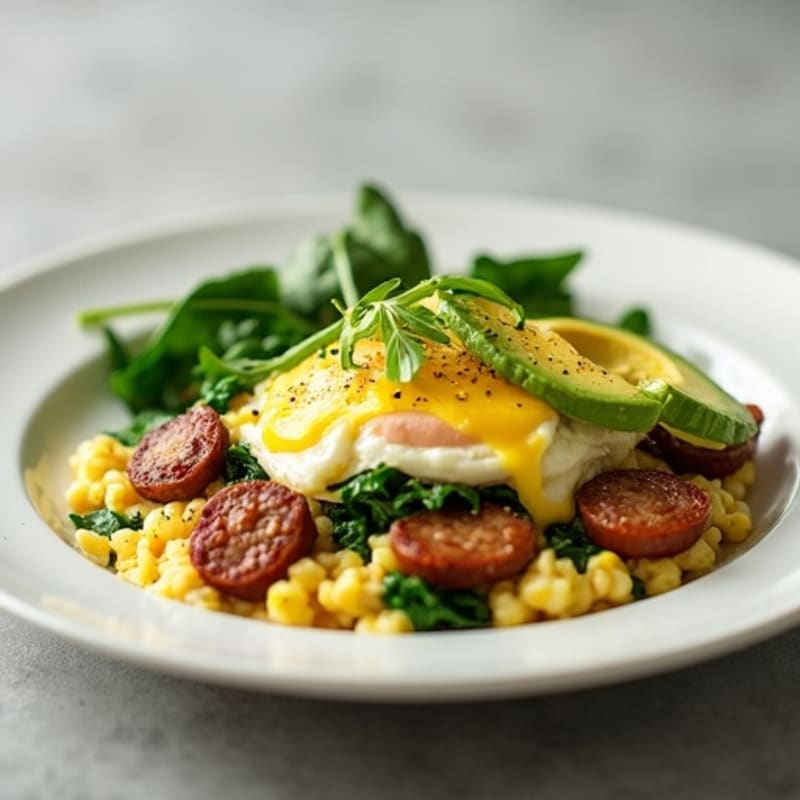 Egg White Scramble with Turkey Sausage and Sautéed Spinach