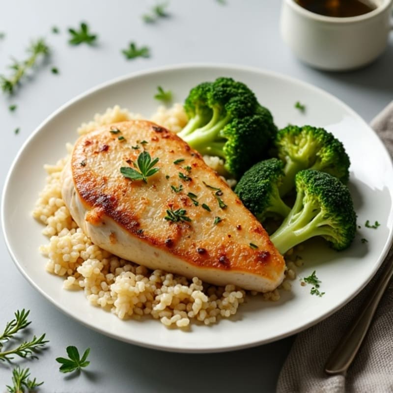 Lemon Herb Pan-Seared Chicken with Fluffy Brown Rice and Roasted Broccoli