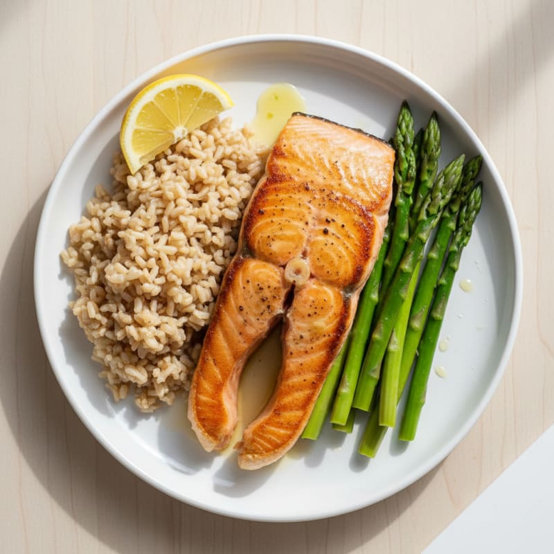 Seared Salmon Fillet with Steamed Asparagus and Brown Rice