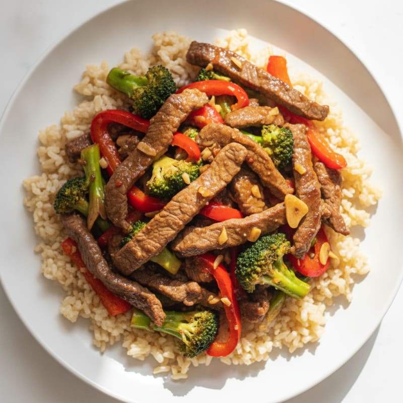 Lean Beef Stir Fry with Bell Peppers and Brown Rice