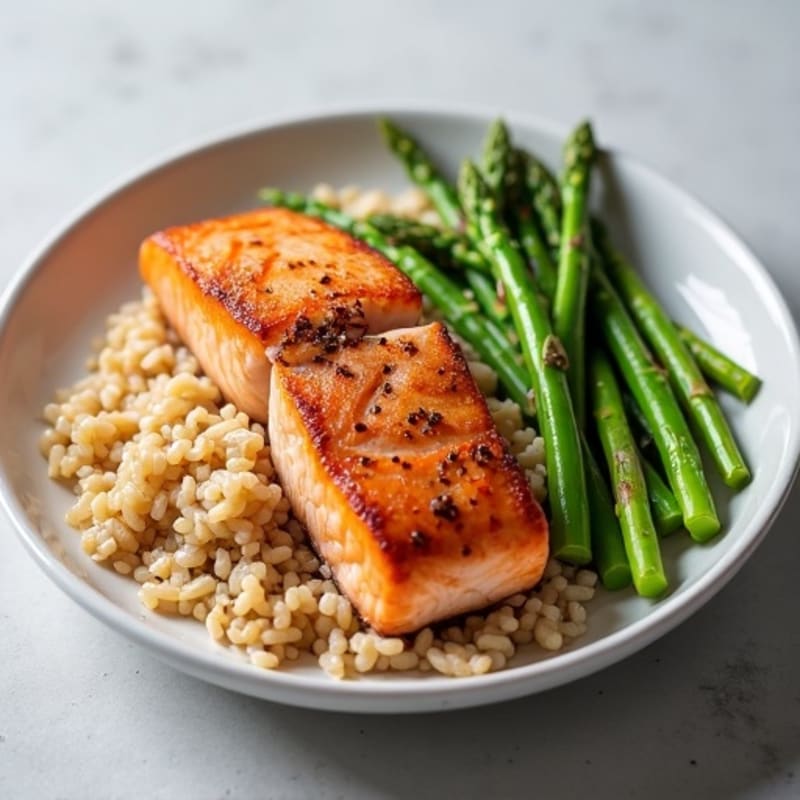 Seared Salmon with Steamed Asparagus and Brown Rice