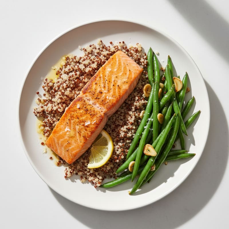 Seared Salmon Fillet with Garlic Green Beans and Quinoa