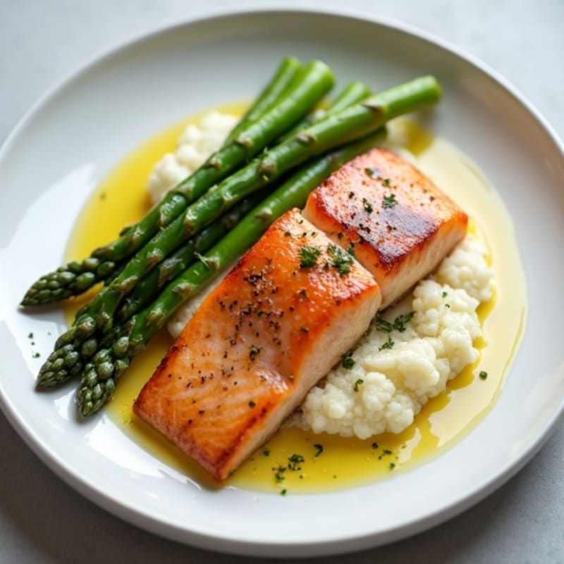 Seared Salmon with Steamed Asparagus and Cauliflower Mash