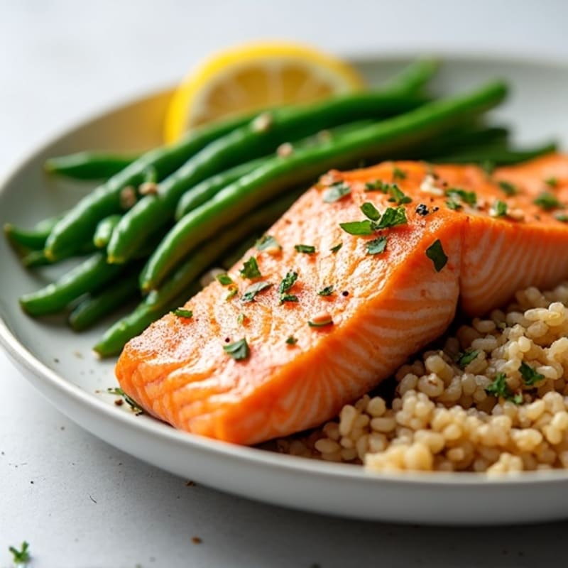 Seared Salmon with Garlic Green Beans and Brown Rice