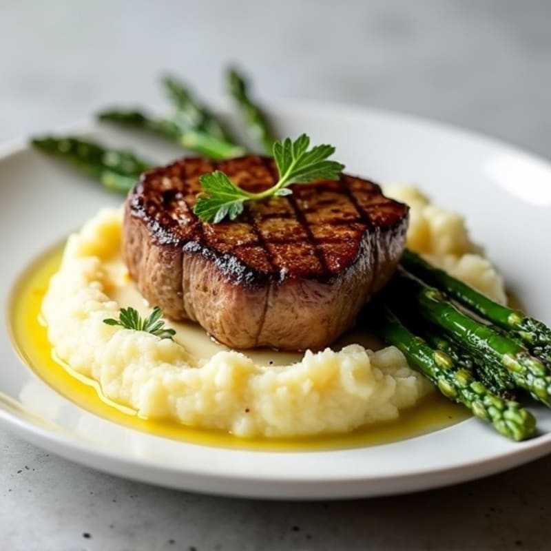 Pan-Seared Steak with Creamy Garlic Mashed Potatoes and Roasted Asparagus