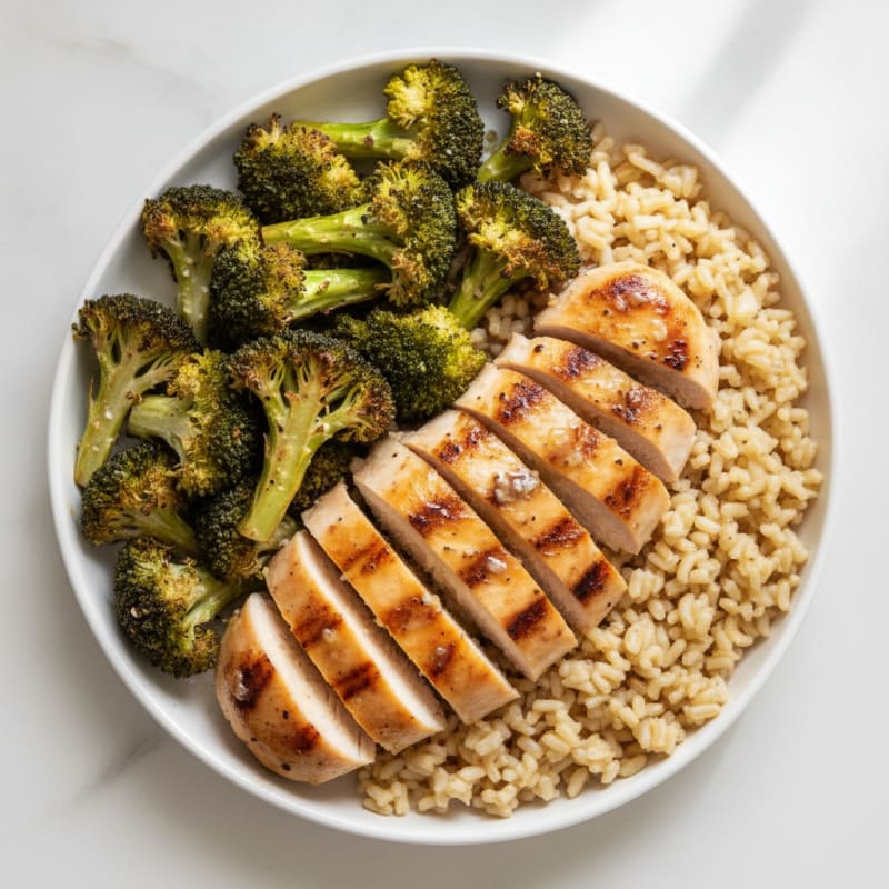 Grilled Chicken Breast with Roasted Broccoli and Brown Rice