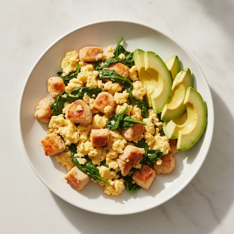 Fluffy Scrambled Eggs with Sautéed Chicken and Spinach