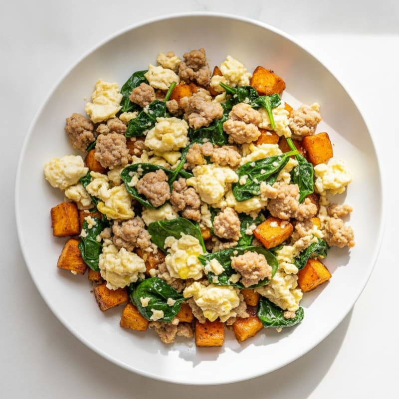 Egg White and Turkey Sausage Scramble with Spinach and Roasted Sweet Potatoes