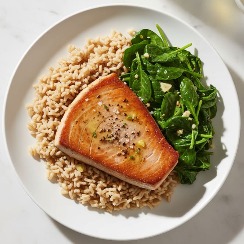 Pan-Seared Well-Done Tuna with Garlicky Spinach and Brown Rice