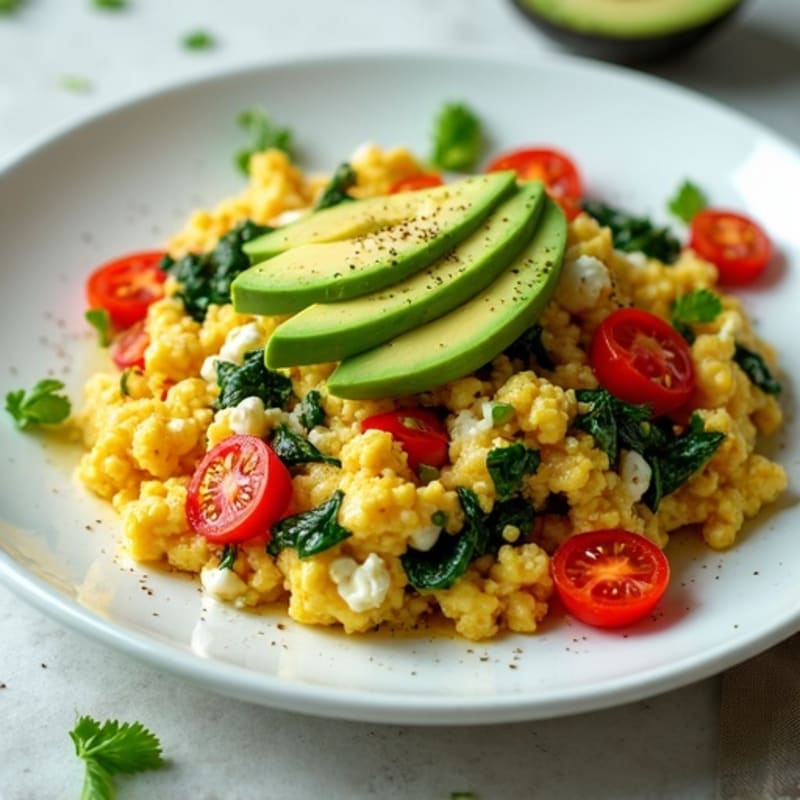 Egg White Spinach Scramble with Cottage Cheese and Cherry Tomatoes