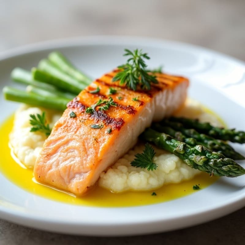 Seared Salmon with Steamed Asparagus and Cauliflower Mash