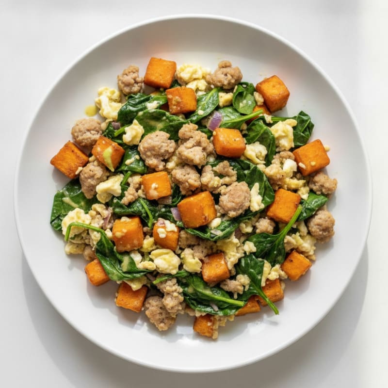 Egg White and Turkey Sausage Scramble with Spinach and Roasted Sweet Potato