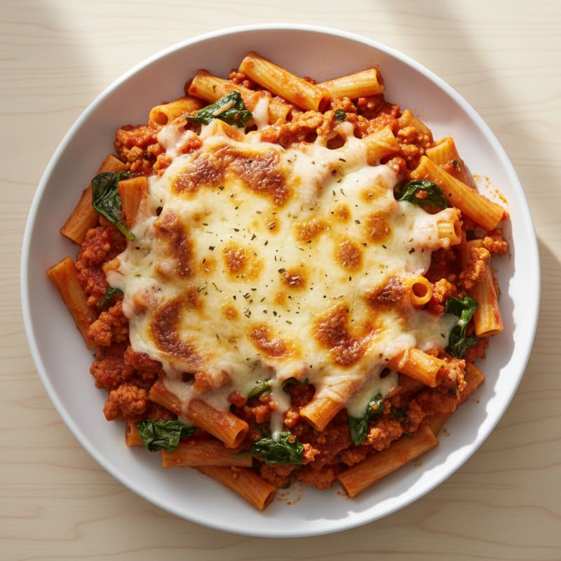 Creamy Baked Ziti with Golden Mozzarella