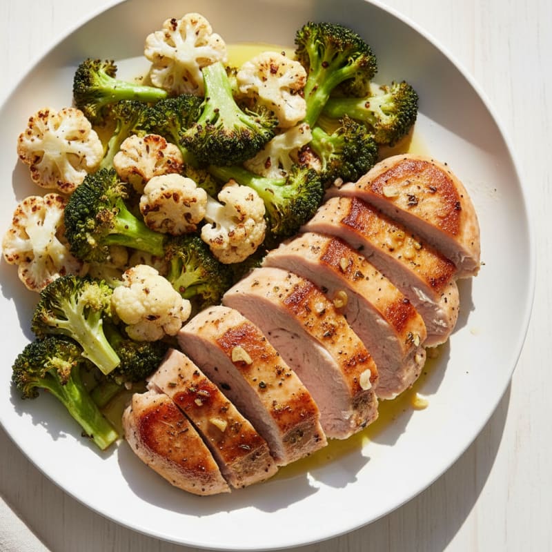 Seared Turkey Breast with Roasted Broccoli and Cauliflower