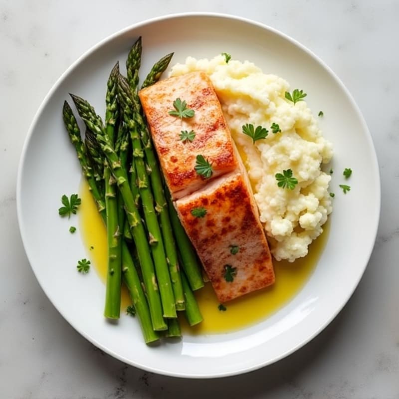 Seared Salmon with Steamed Asparagus and Cauliflower Mash