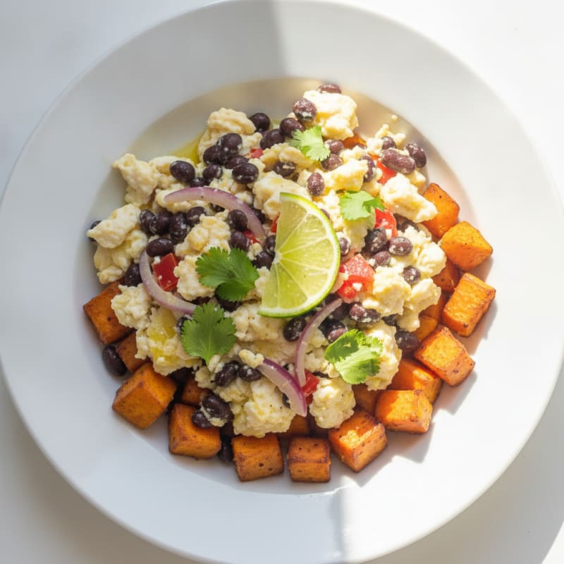 Egg White Scramble with Black Beans and Roasted Sweet Potato