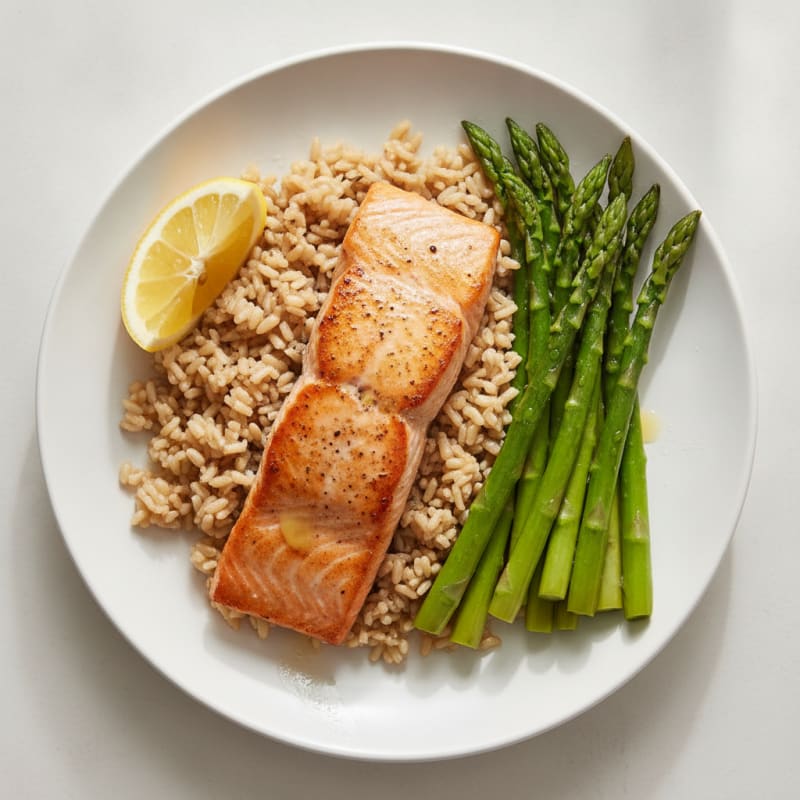 Seared Salmon with Steamed Asparagus and Brown Rice