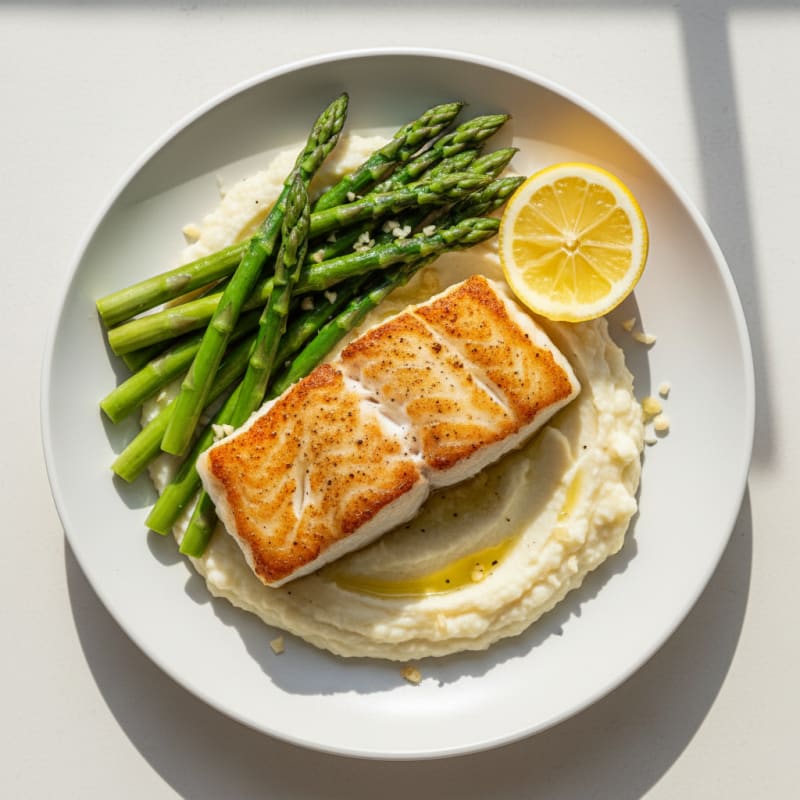 Seared Cod with Steamed Asparagus and Cauliflower Mash