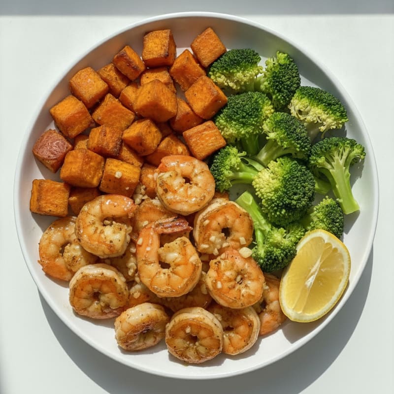 Garlic Shrimp with Roasted Sweet Potatoes and Steamed Broccoli