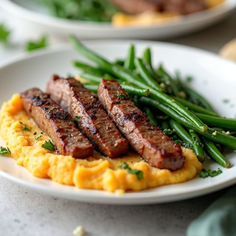 Seared Beef Strips with Garlic Green Beans and Mashed Sweet Potatoes