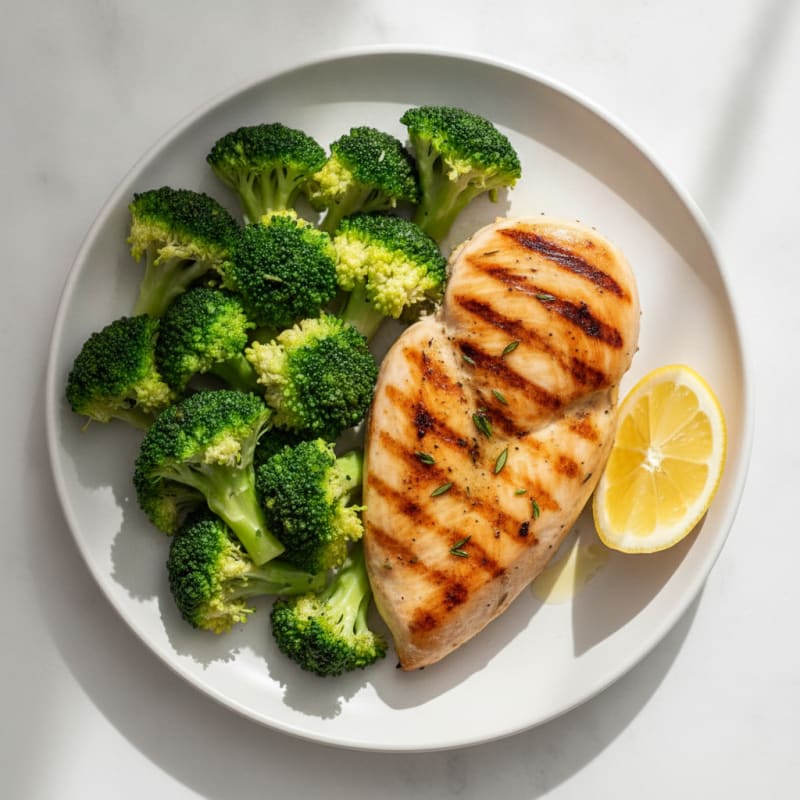 Grilled Chicken Breast with Steamed Broccoli and Lemon