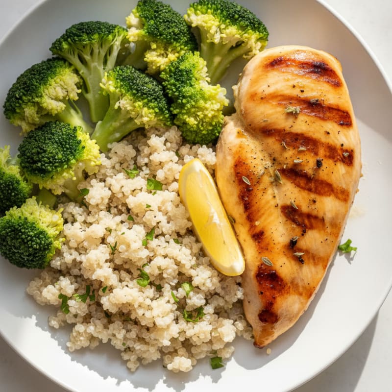 Grilled Lemon Herb Chicken Breast with Quinoa and Steamed Broccoli