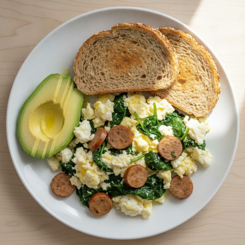 Egg White and Spinach Scramble with Turkey Sausage