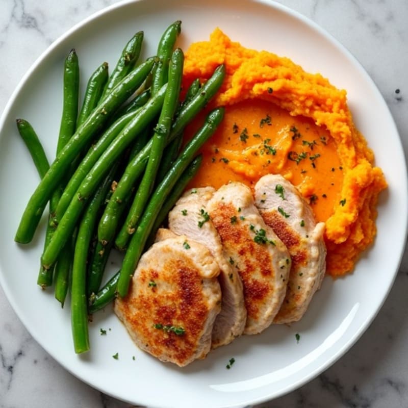 Seared Turkey Cutlets with Garlic Green Beans and Sweet Potato Mash