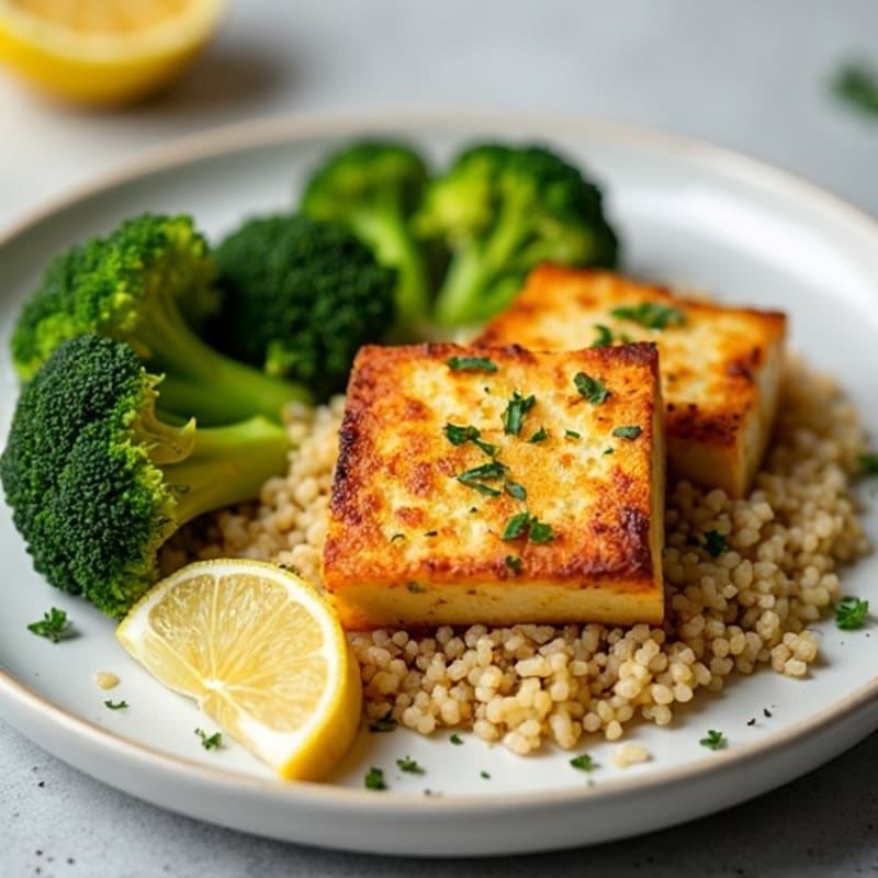 Lemon-Herb Crispy Baked Tofu with Roasted Broccoli and Quinoa