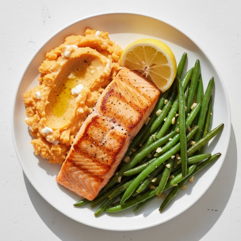 Seared Salmon with Garlic Green Beans and Mashed Sweet Potato