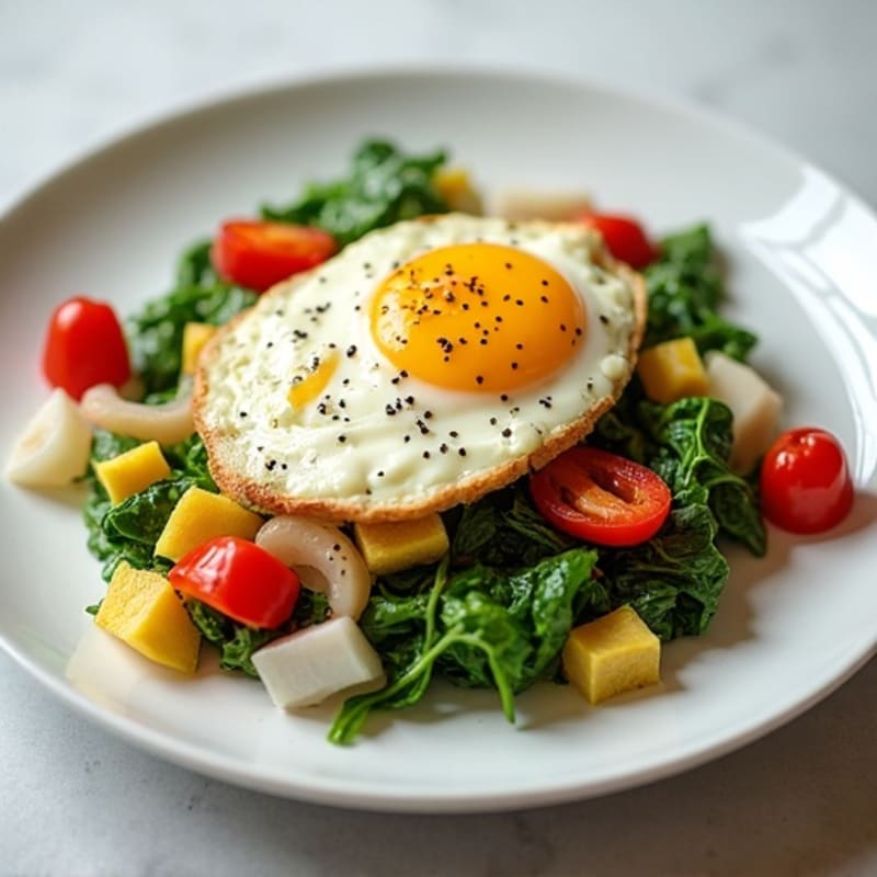 Egg White Veggie Scramble with Cottage Cheese and Sautéed Spinach