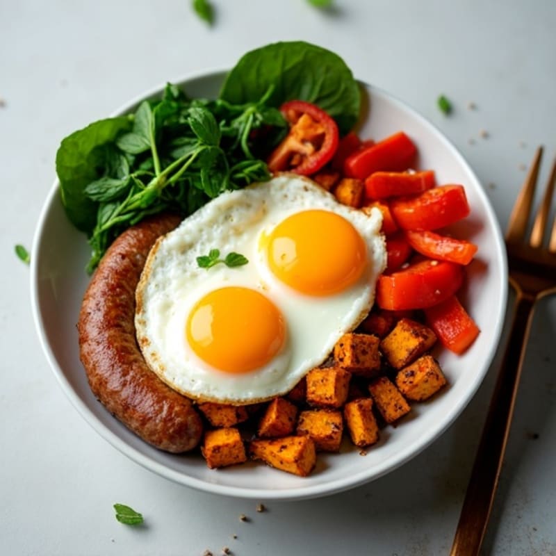 Savory Egg and Veggie Breakfast Bowl with Crispy Sweet Potatoes