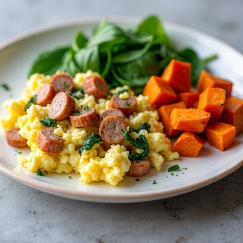 Egg White and Turkey Sausage Scramble with Spinach and Roasted Sweet Potato