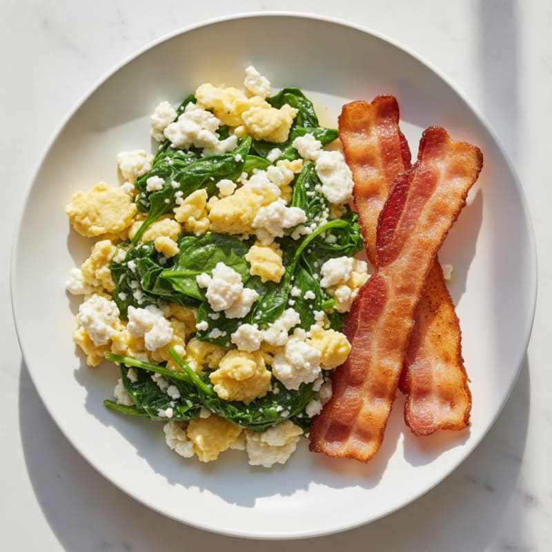 Cottage Cheese Egg Scramble with Spinach and Turkey Bacon