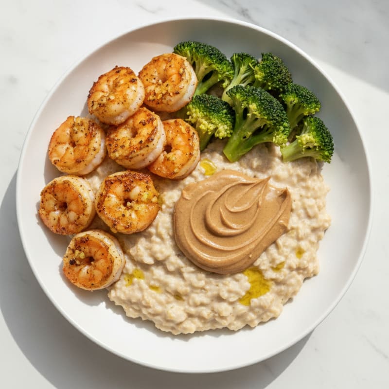 Creamy Oatmeal with Protein Powder, Almond Butter, and Sautéed Shrimp