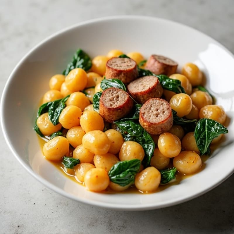 Creamy Sweet Potato Gnocchi with Lean Chicken Sausage and Wilted Spinach